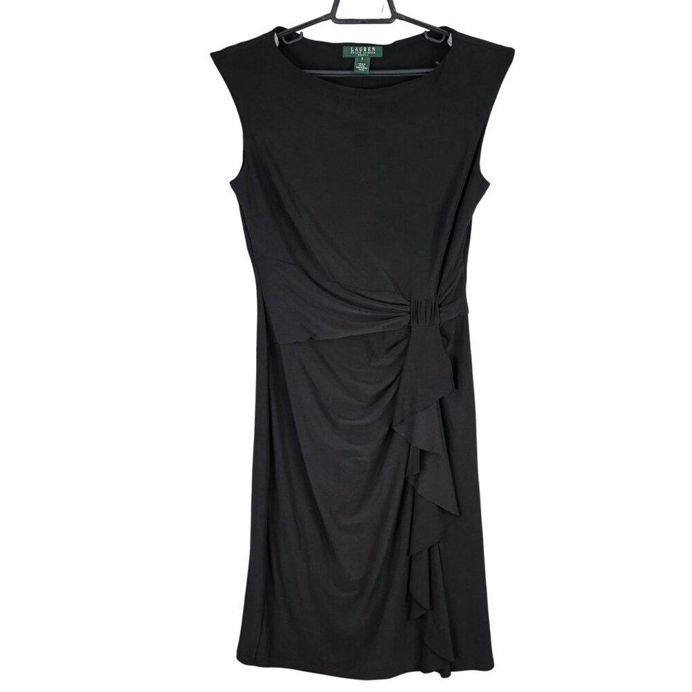 Womens Lauren Ralph Lauren Black Sleeveless Dress Side Ruffle Polyester Size 8